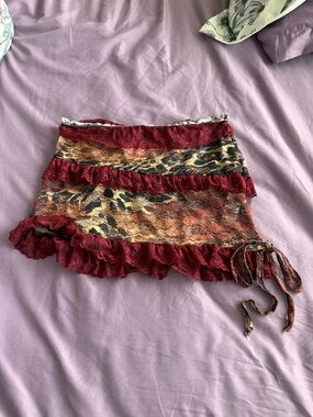 PrettyLittleThing Red and Multicolor Lace Ruffled Mini Skirt